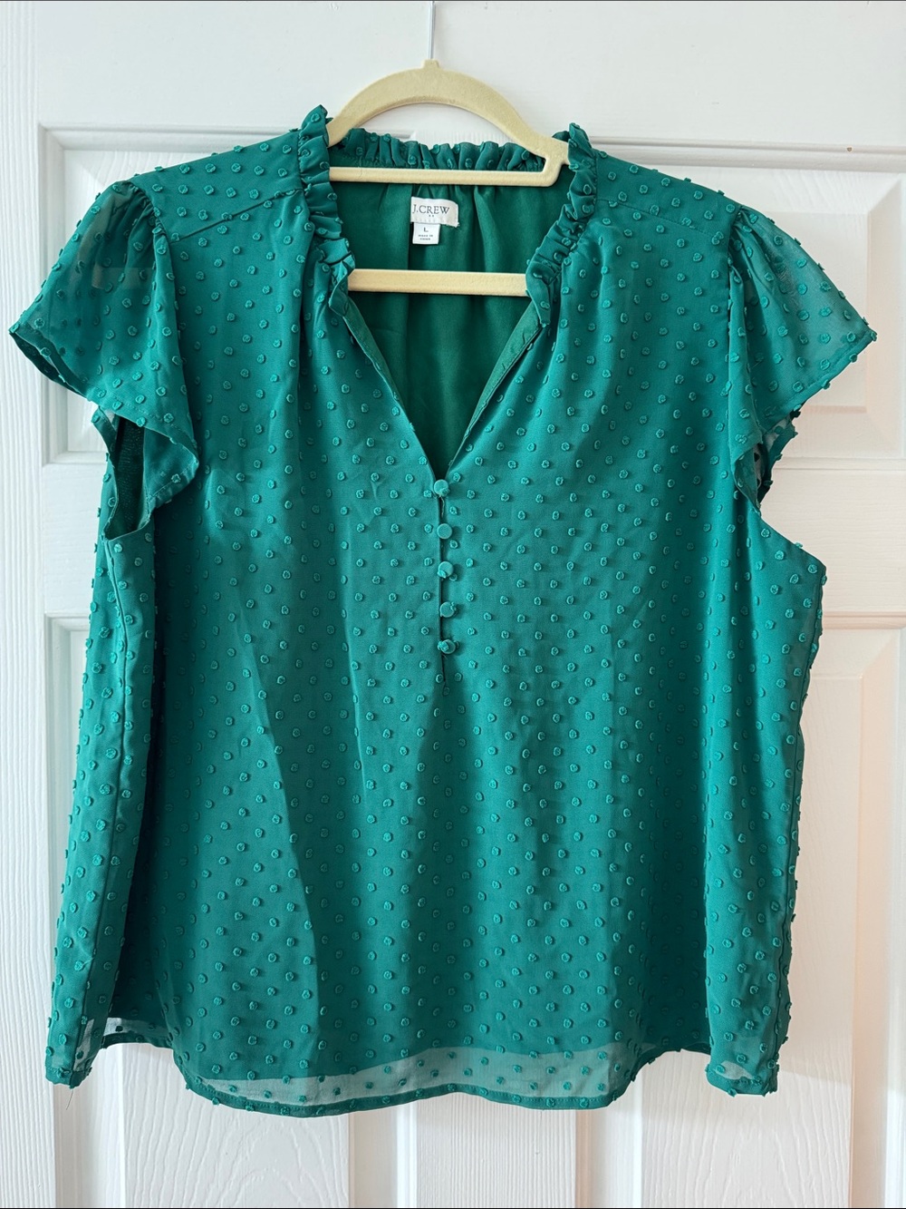 J. Crew Factory Teal Swiss Dot Ruffle V-Neck Blouse